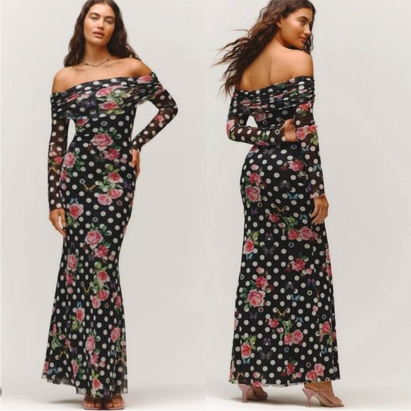 NWT! Anthropologie AFRM Long-Sleeve Off-The-Shoulder Mesh Maxi Dress - Small 🐬 - Picture 1 of 8
